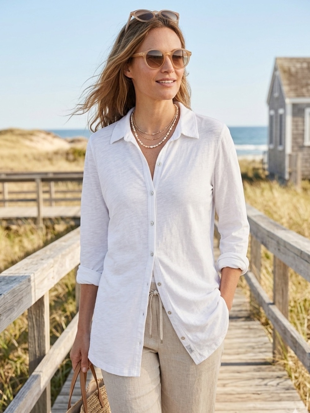 J. Jill White Slub Knit Button Down Tunic Shirt XL.Cotton,Long Sleeve Coastal